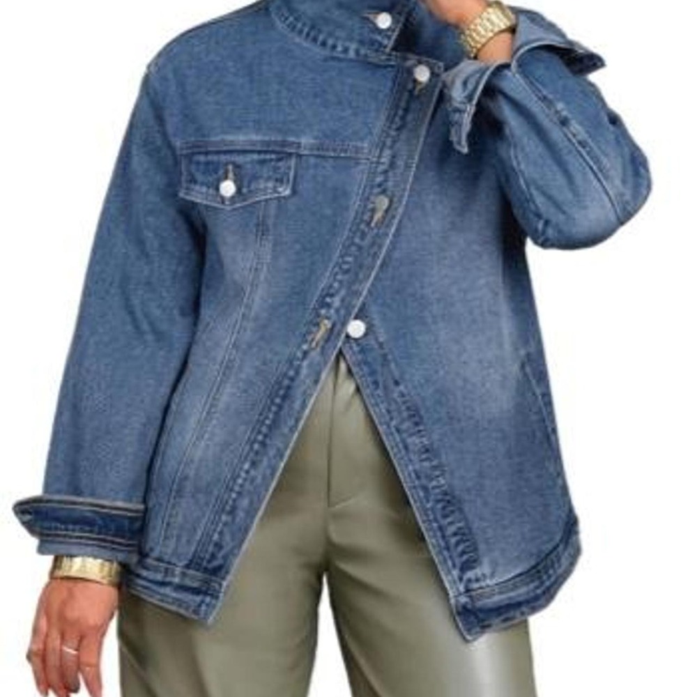 Women's Oversized Jean Jacket Vintage Washed High Neck Denim Jacket Asymmetrical